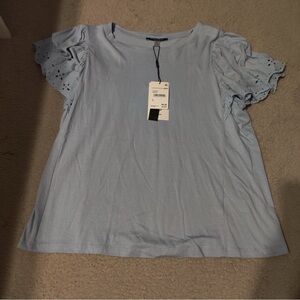 T Tahari Eyelet Lace Trim Light Blue Short Sleeve Tee Modal Ash Flutter